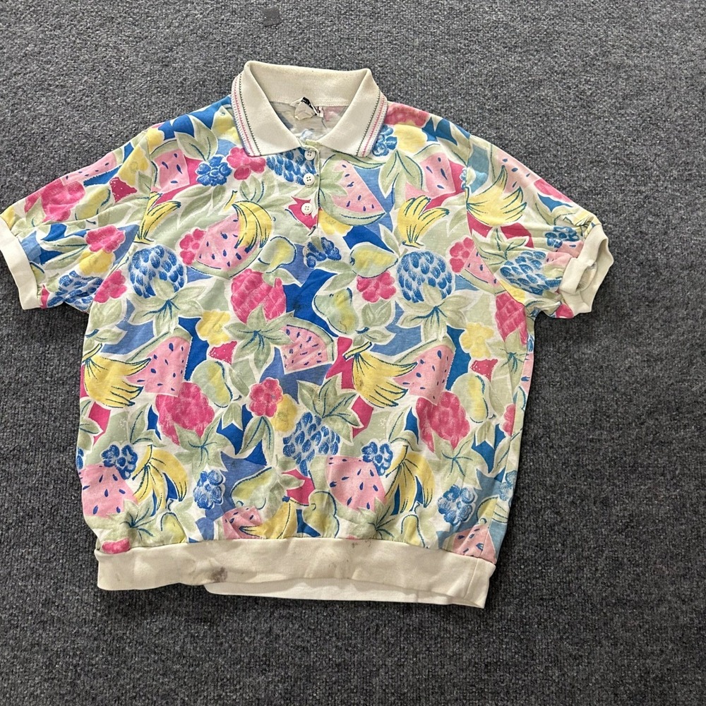 Cricket Lane Polo Womens Size L Multicolor Tropical Fruit Print Vintage